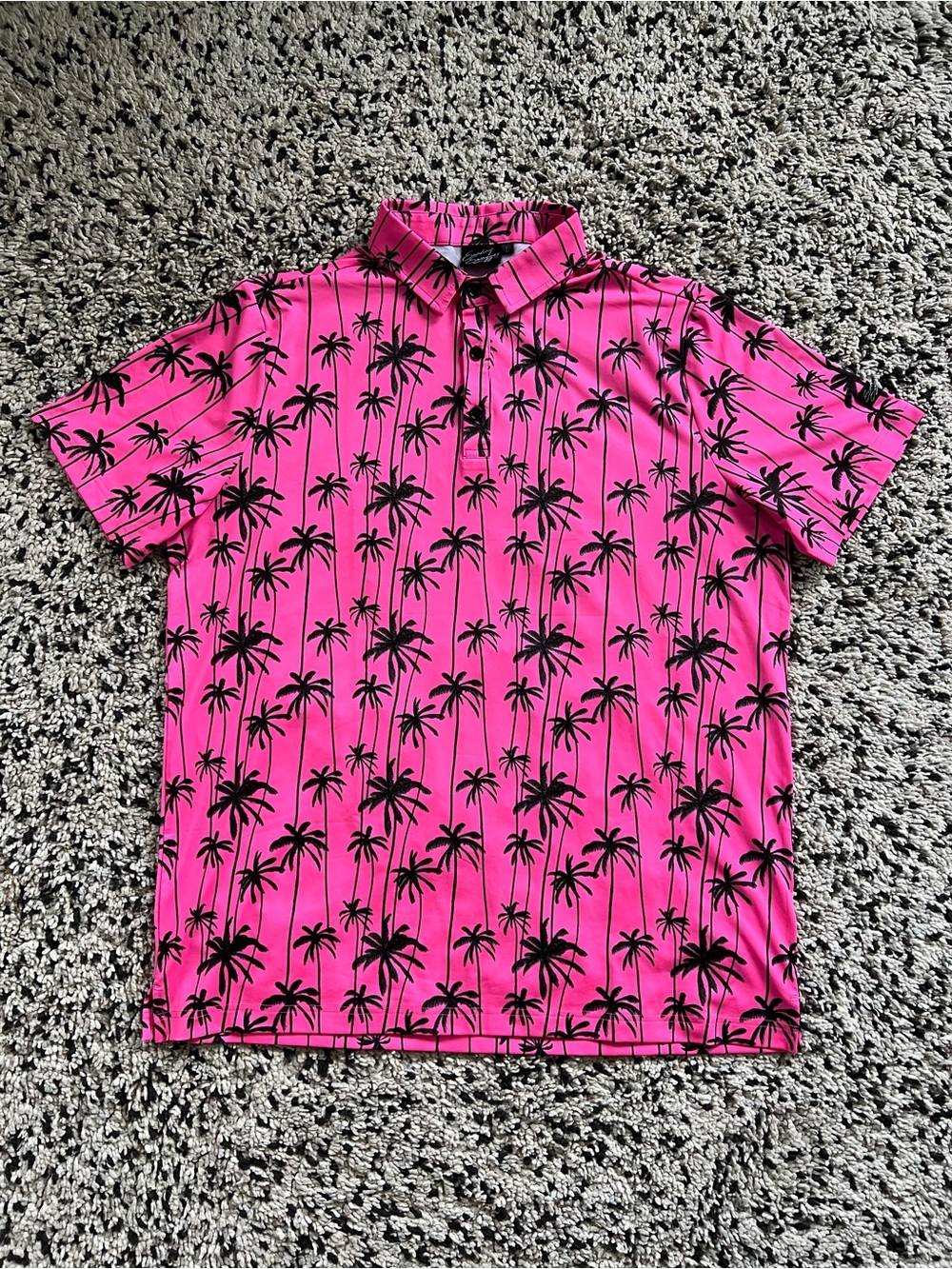 Sunday Swagger Sizzlin’ Golf Polo Shirt Pink Black Palm Tree Print Men’s Large